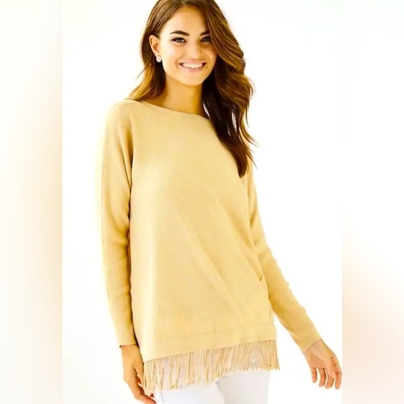Lilly Pulitzer Glenda Heathered Sand Bar Tan Fringe Coolmax Sweater - Picture 1 of 5